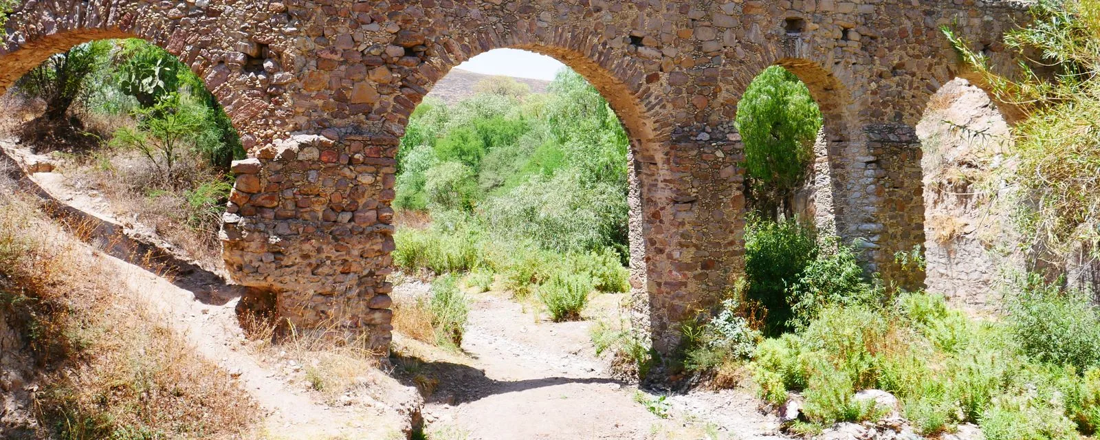 El acueducto elevado de Real de Asientos: tres arcos de mampostería de piedra cruzando el cauce seco de un arroyo entre la vegetación