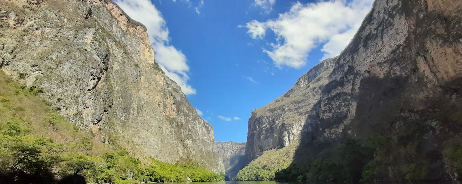 El Cañón del Sumidero desde el agua: dos paredes de roca de cientos de metros cerrándose sobre el río Grijalva, con vegetación colgando de los cortes