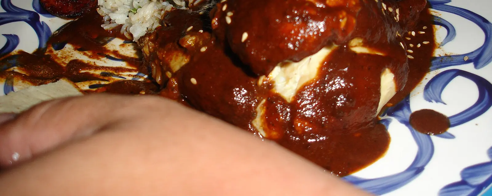 Plato de mole poblano cubierto de ajonjolí, uno de los grandes sabores del centro de México