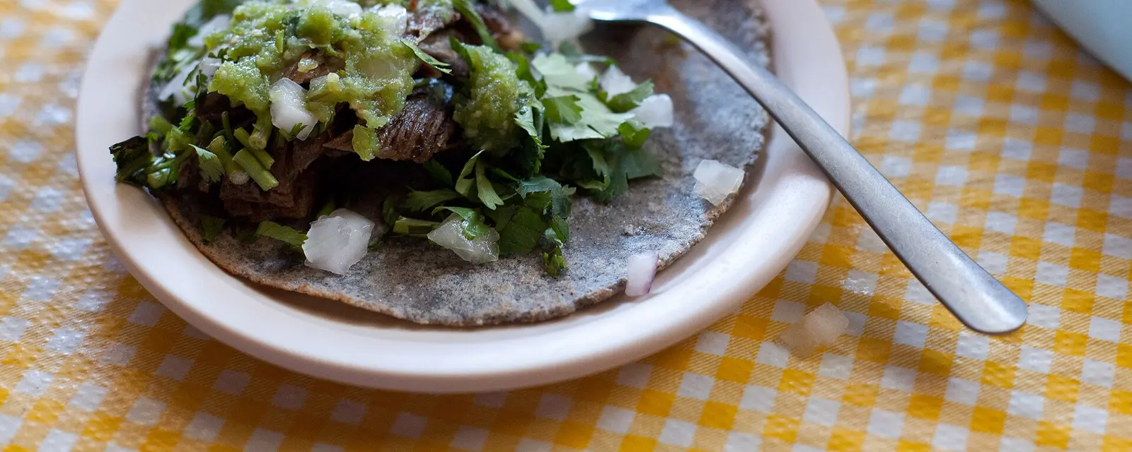 Taco de barbacoa de borrego con cilantro, cebolla y salsa verde sobre tortilla de maíz azul