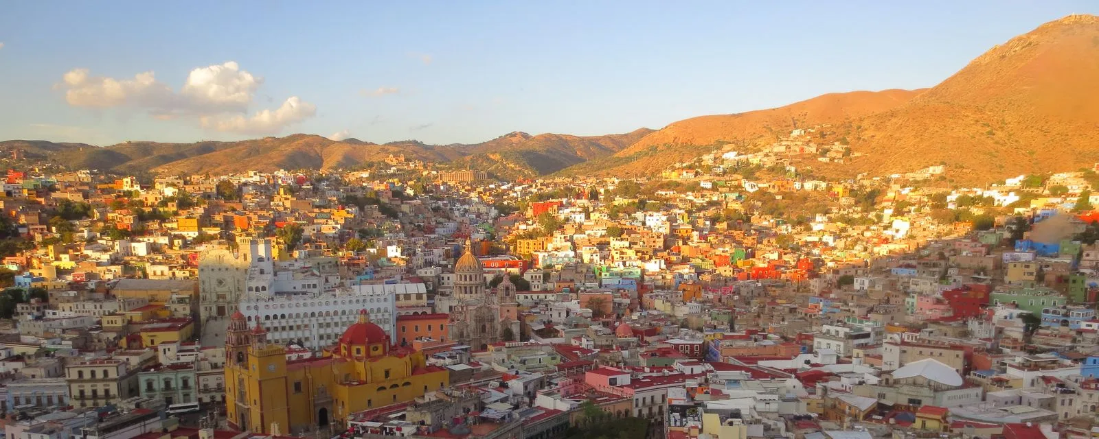 Guanajuato capital desde lo alto: la ciudad trepando por las laderas del cañón en casas de colores, con la basílica amarilla y la Universidad en el centro