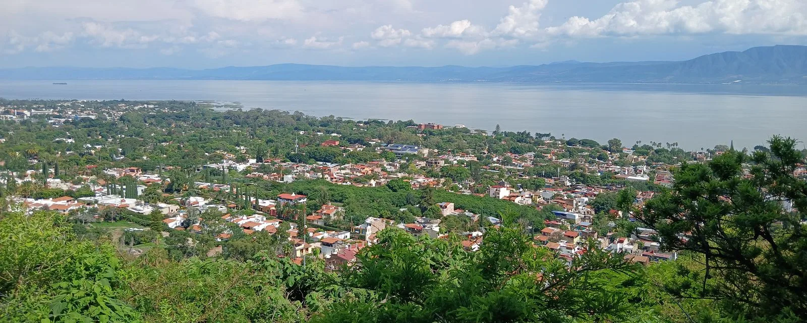 Ajijic visto desde el cerro: el caserío entre arboledas al borde del lago de Chapala, con la sierra del otro lado del agua