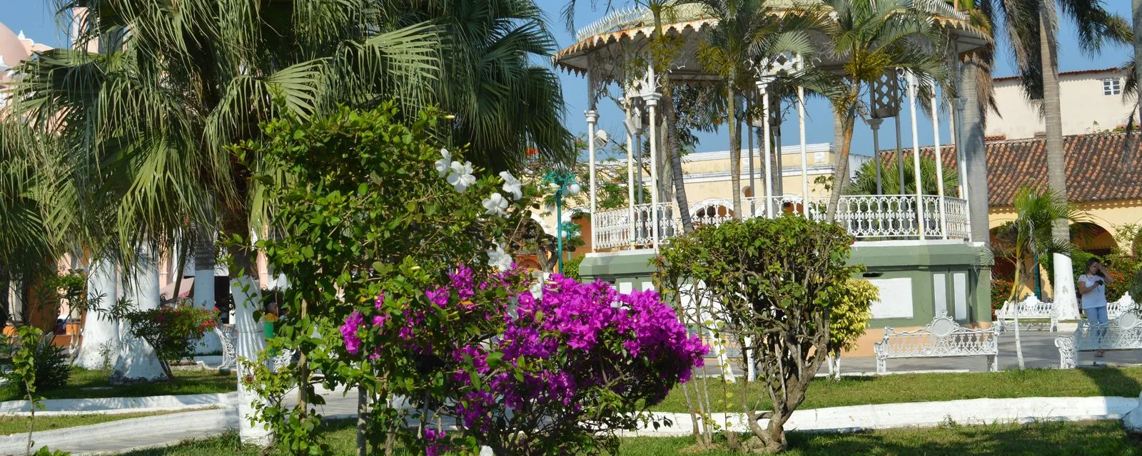 La Plaza Zaragoza de Tlacotalpan: el kiosco morisco de herrería blanca entre palmeras, con una buganvilia morada en primer plano